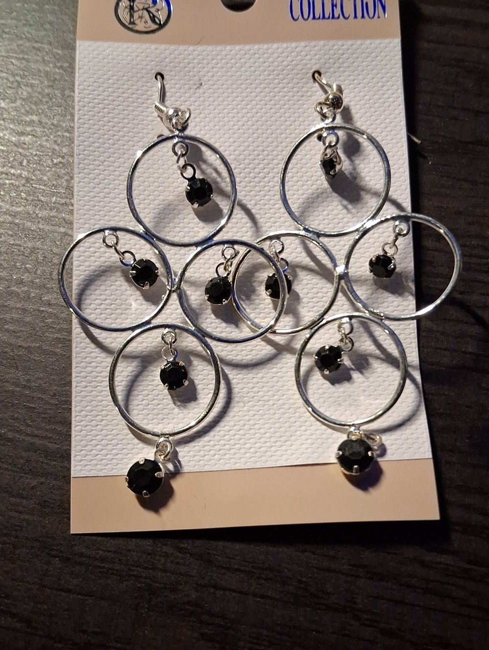Silver Multi-Hoop Earrings with Black Stone Drops